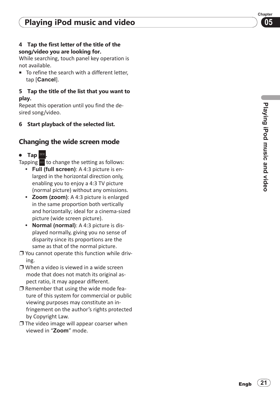 Changing the wide screen mode, Playing ipod music and video | Pioneer SPH-DA100 User Manual | Page 21 / 54