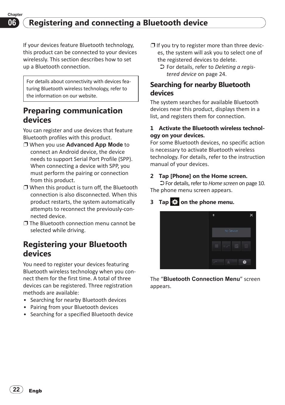 Preparing communication devices, Registering your bluetooth devices, Searching for nearby bluetooth devices | Registering and connecting a bluetooth device | Pioneer SPH-DA100 User Manual | Page 22 / 54
