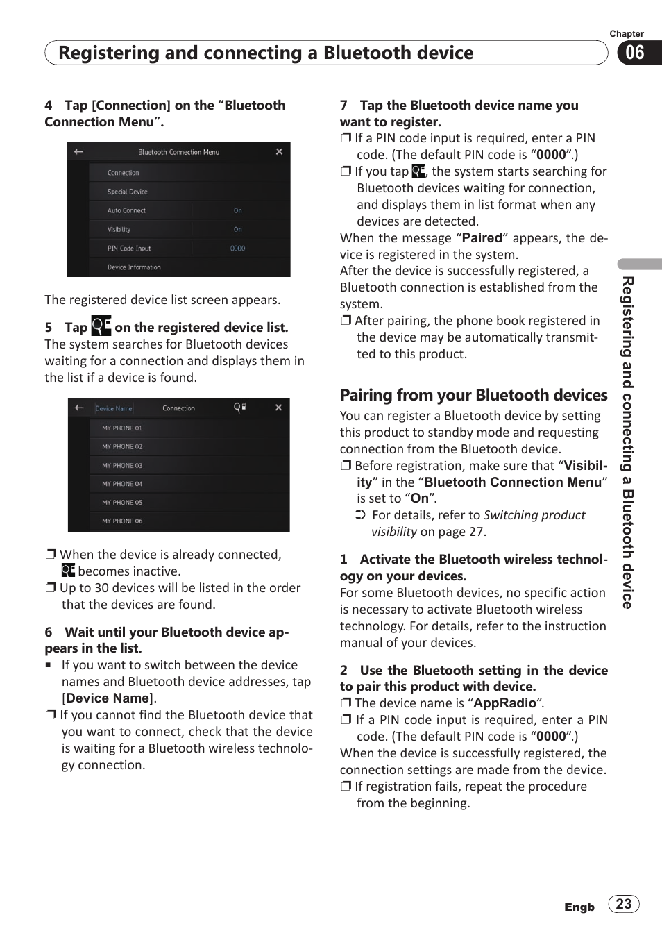 Pairing from your bluetooth devices, Registering and connecting a bluetooth device | Pioneer SPH-DA100 User Manual | Page 23 / 54