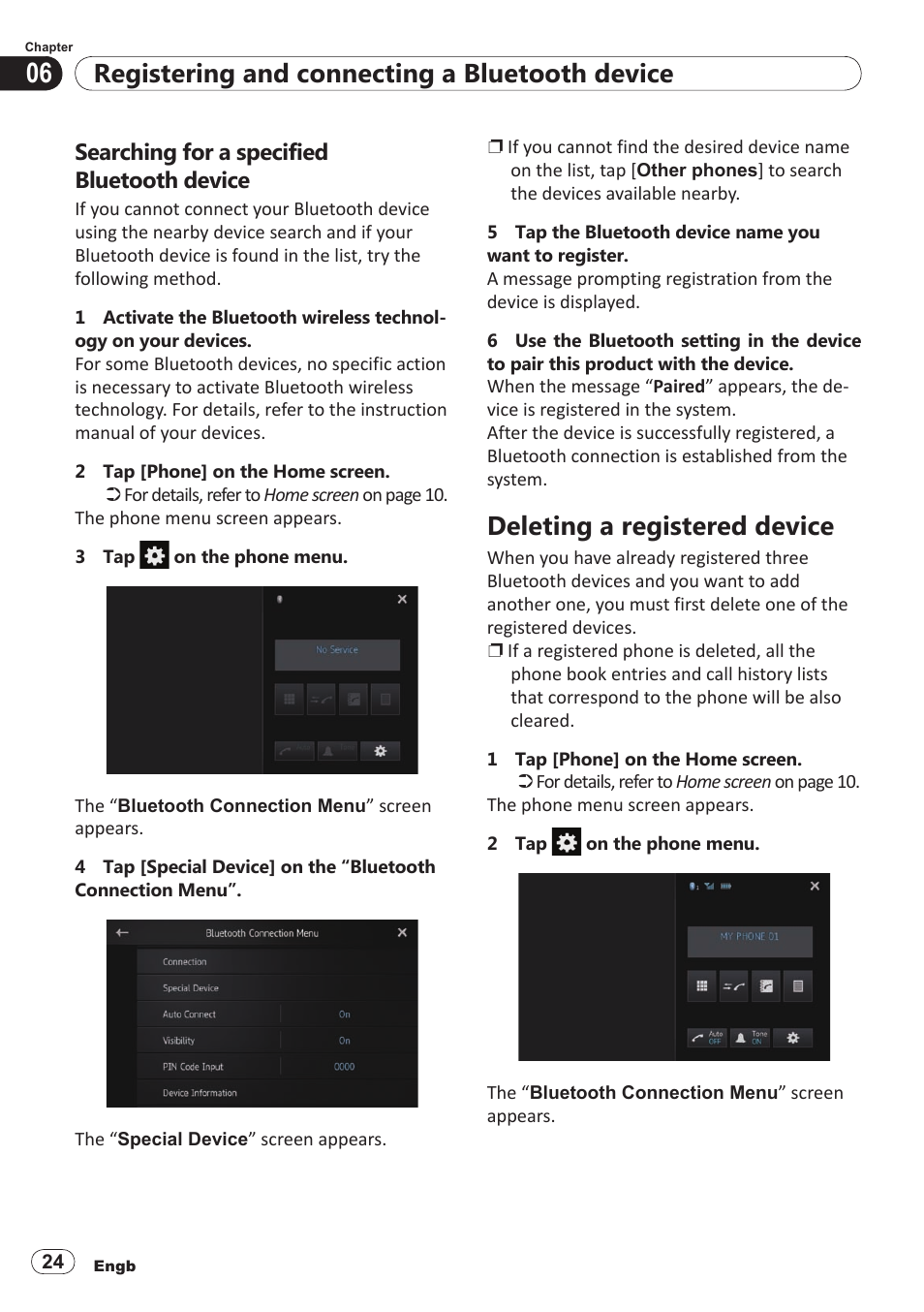 Searching for a specified bluetooth device, Deleting a registered device, Registering and connecting a bluetooth device | Pioneer SPH-DA100 User Manual | Page 24 / 54