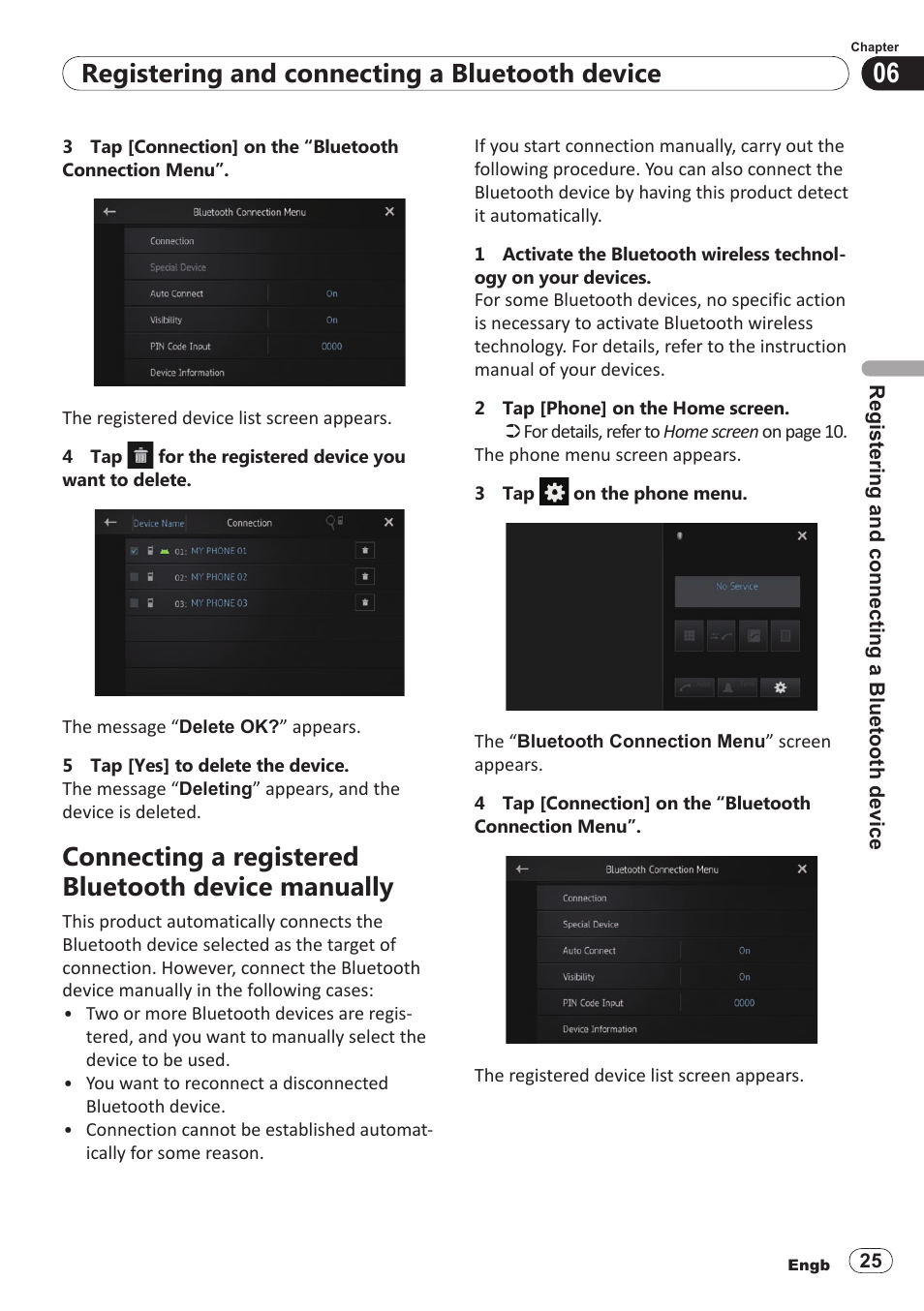 Connecting a registered bluetooth device, Manually, Registering and connecting a bluetooth device | Connecting a registered bluetooth device manually | Pioneer SPH-DA100 User Manual | Page 25 / 54