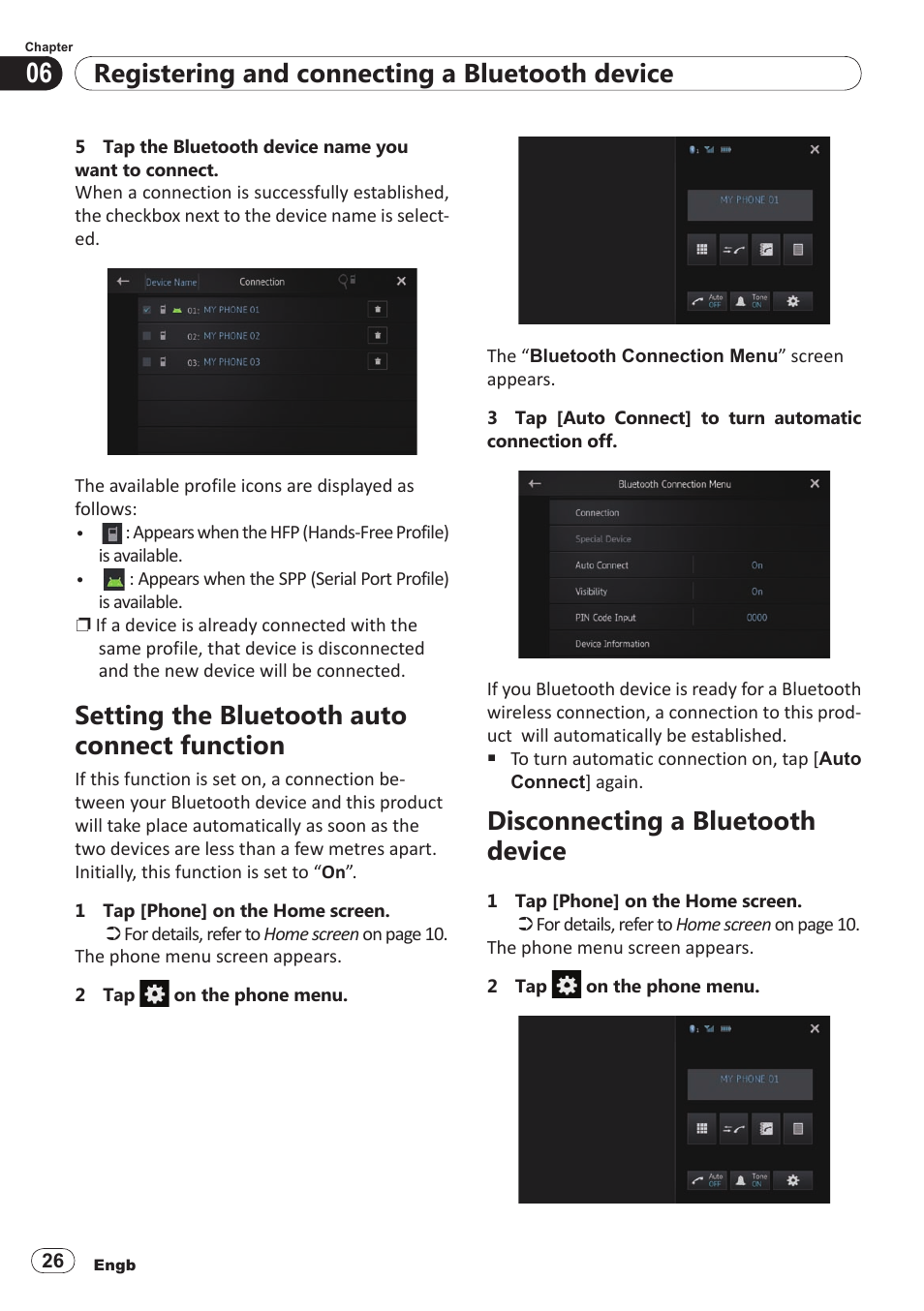Setting the bluetooth auto connect, Function, Disconnecting a bluetooth device | Registering and connecting a bluetooth device, Setting the bluetooth auto connect function | Pioneer SPH-DA100 User Manual | Page 26 / 54