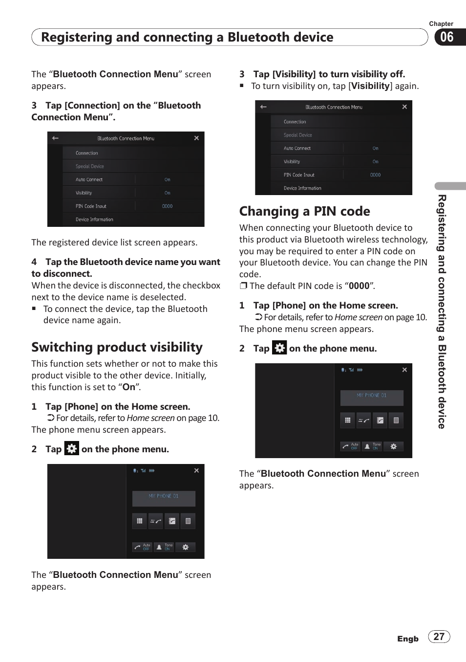 Switching product visibility, Changing a pin code, Registering and connecting a bluetooth device | Pioneer SPH-DA100 User Manual | Page 27 / 54