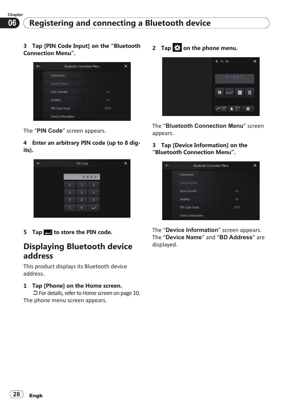 Displaying bluetooth device address, Registering and connecting a bluetooth device | Pioneer SPH-DA100 User Manual | Page 28 / 54