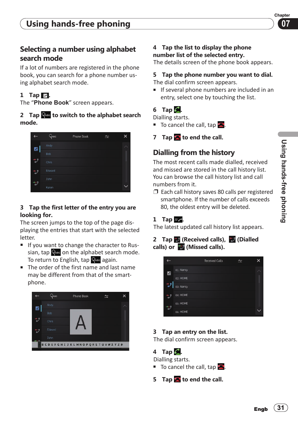 Selecting a number using alphabet search mode, Dialling from the history, Using hands-free phoning | Pioneer SPH-DA100 User Manual | Page 31 / 54