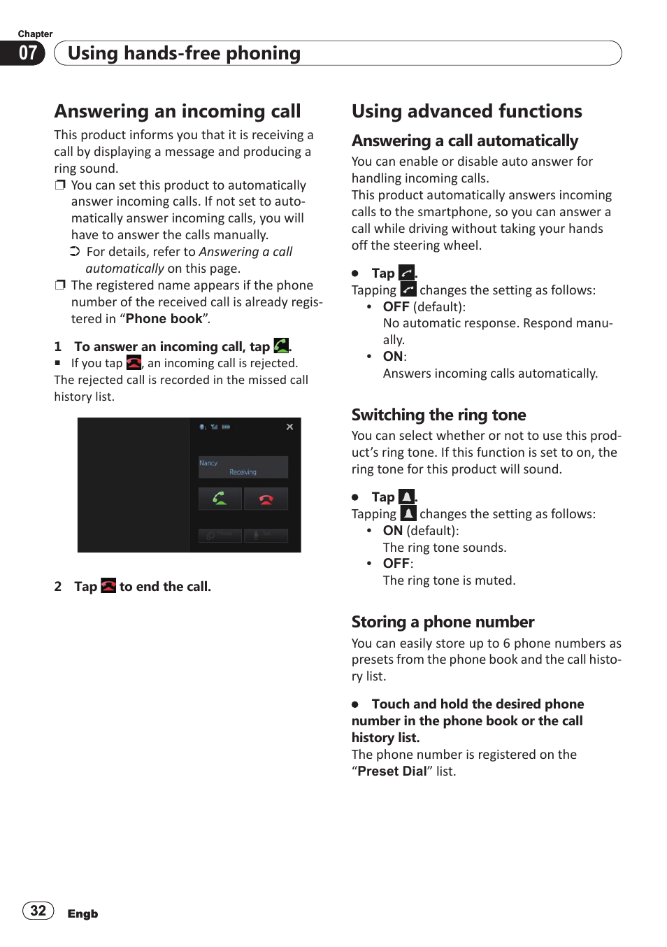 Answering an incoming call, Using advanced functions, Answering a call automatically | Switching the ring tone, Storing a phone number, Using hands-free phoning | Pioneer SPH-DA100 User Manual | Page 32 / 54