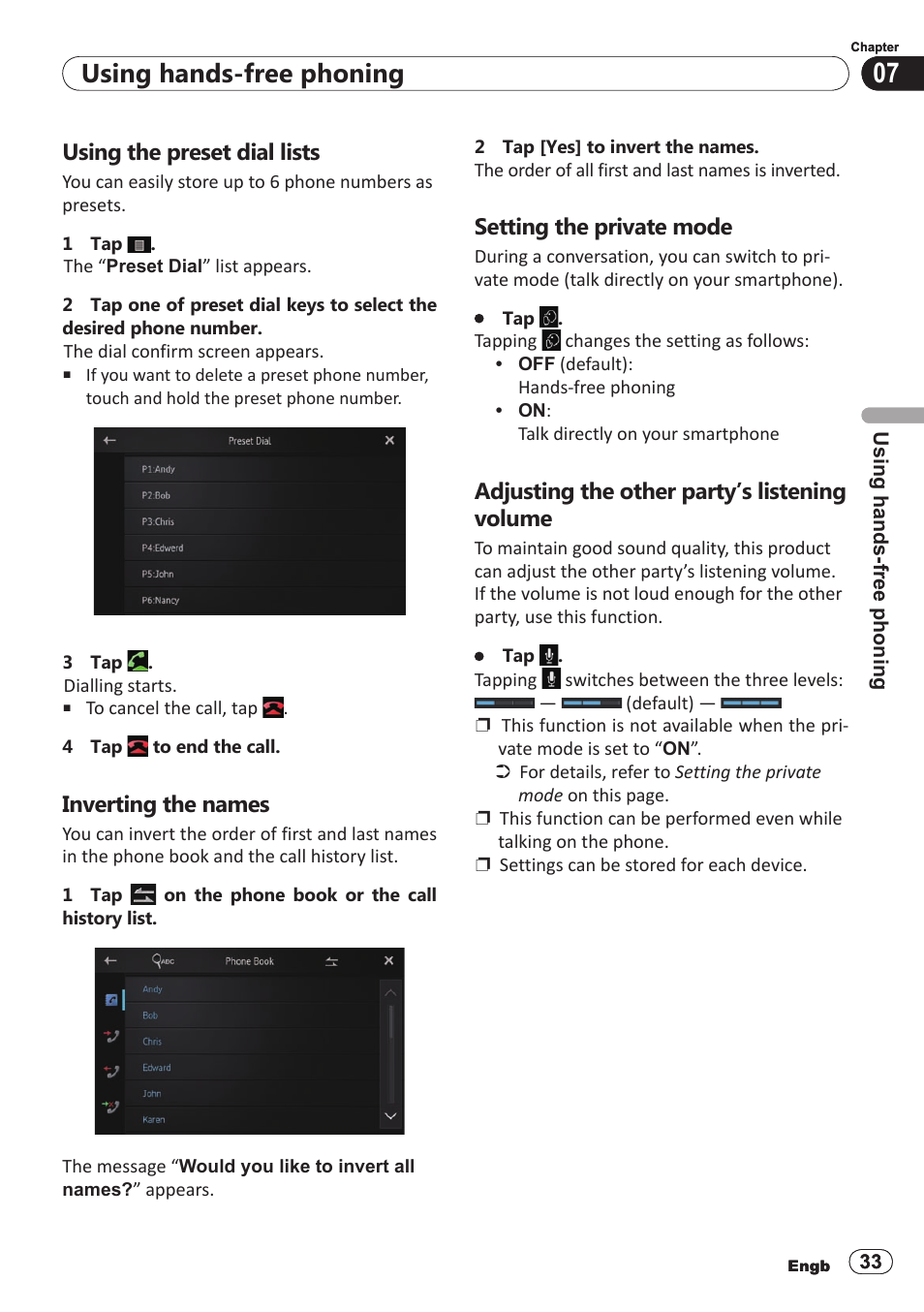 Using the preset dial lists, Inverting the names, Setting the private mode | Adjusting the other party’s listening volume, Using hands-free phoning | Pioneer SPH-DA100 User Manual | Page 33 / 54