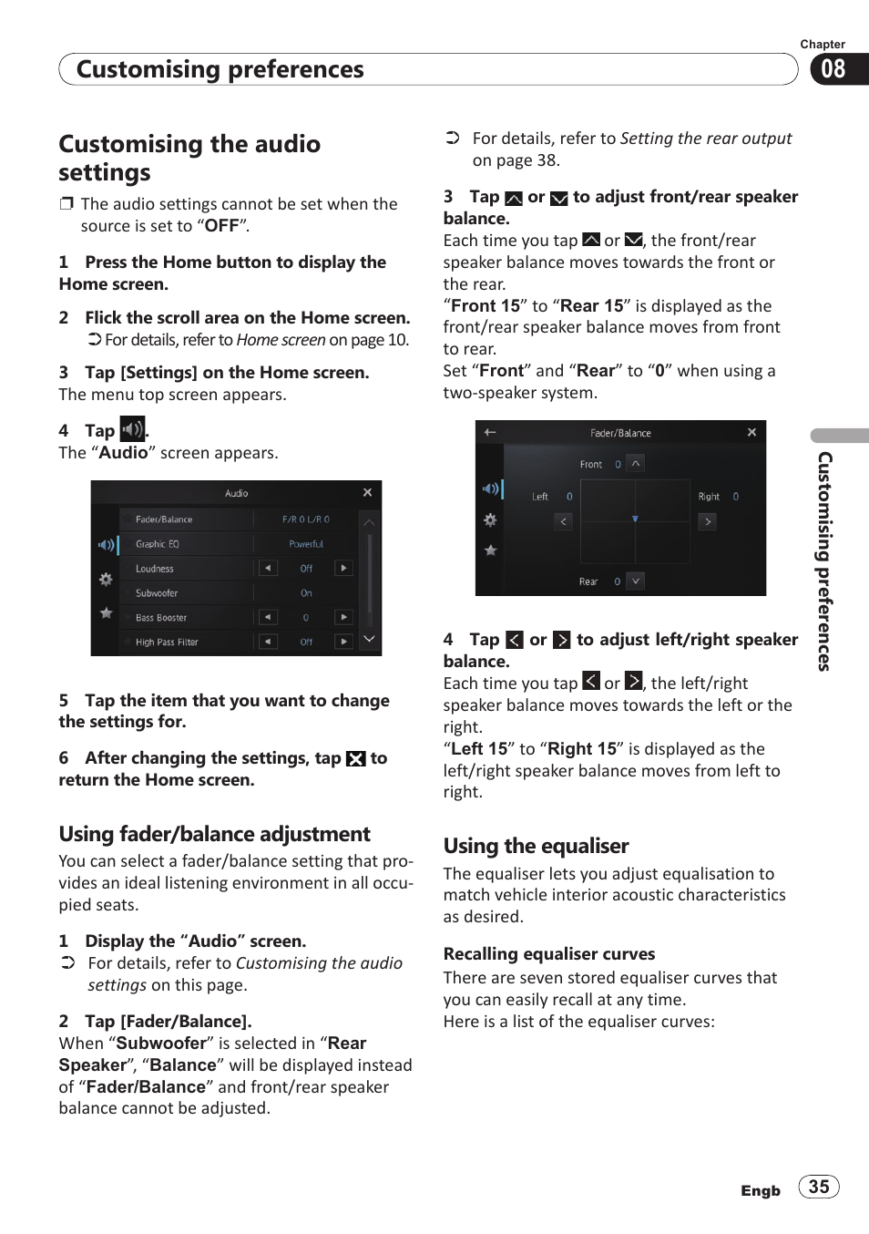 Customising the audio settings, Using fader/balance adjustment, Using the equaliser | Customising preferences | Pioneer SPH-DA100 User Manual | Page 35 / 54