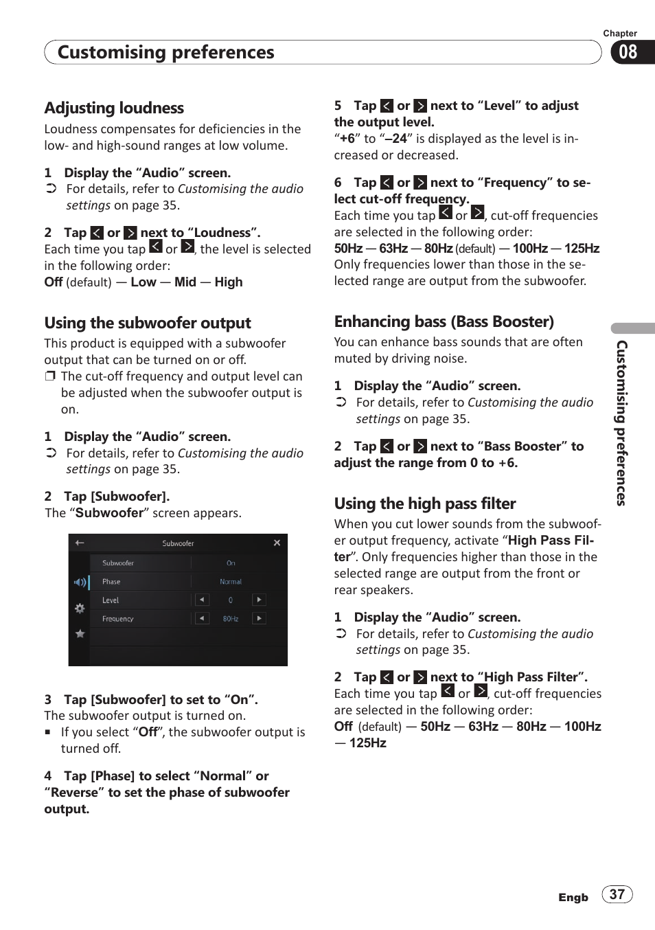 Adjusting loudness, Using the subwoofer output, Enhancing bass (bass booster) | Using the high pass filter, Customising preferences | Pioneer SPH-DA100 User Manual | Page 37 / 54