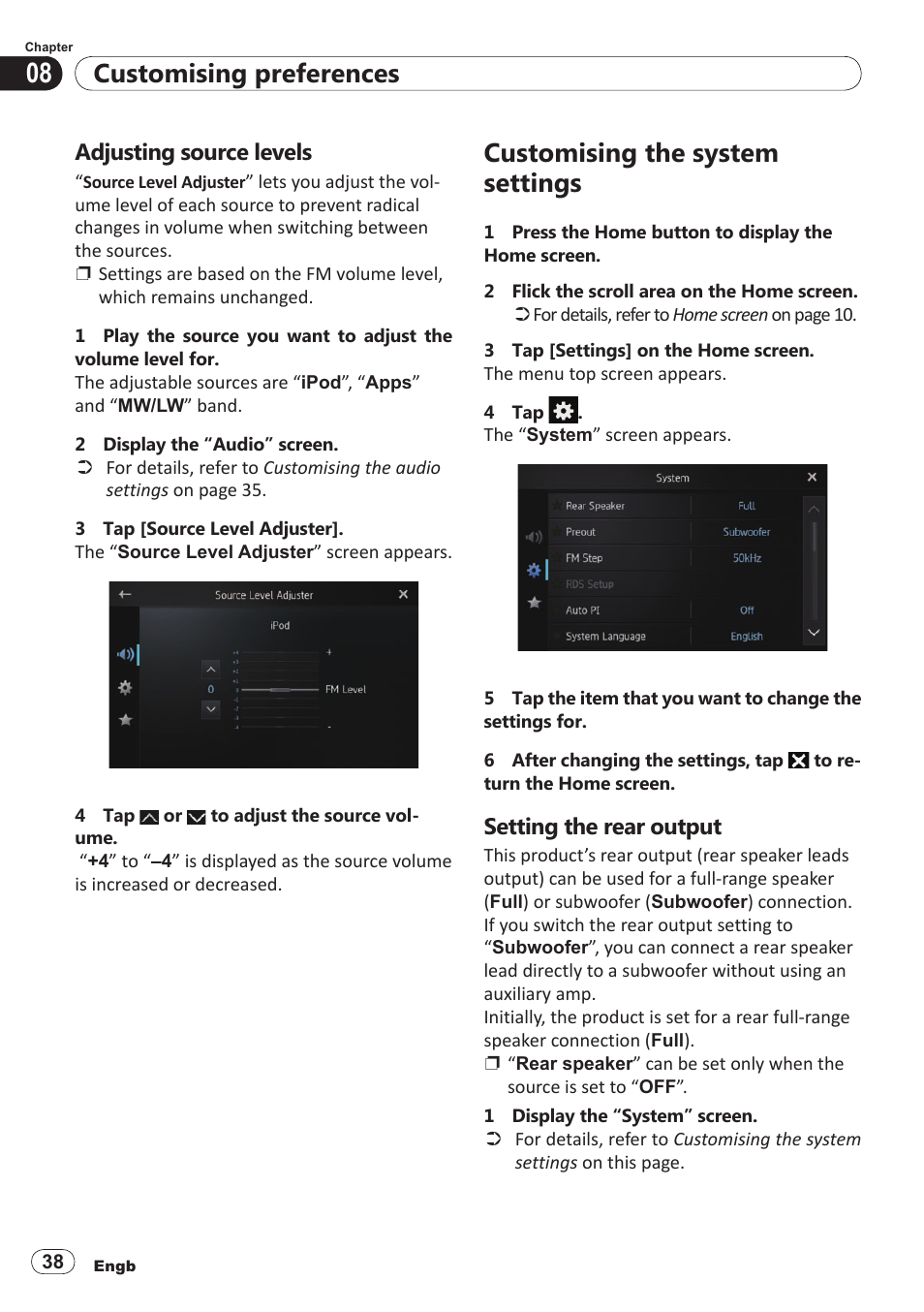 Adjusting source levels, Customising the system settings, Setting the rear output | Customising preferences | Pioneer SPH-DA100 User Manual | Page 38 / 54