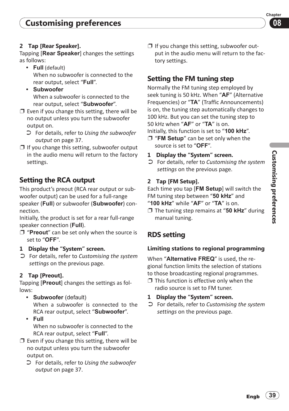 Setting the rca output, Setting the fm tuning step, Rds setting | Customising preferences | Pioneer SPH-DA100 User Manual | Page 39 / 54