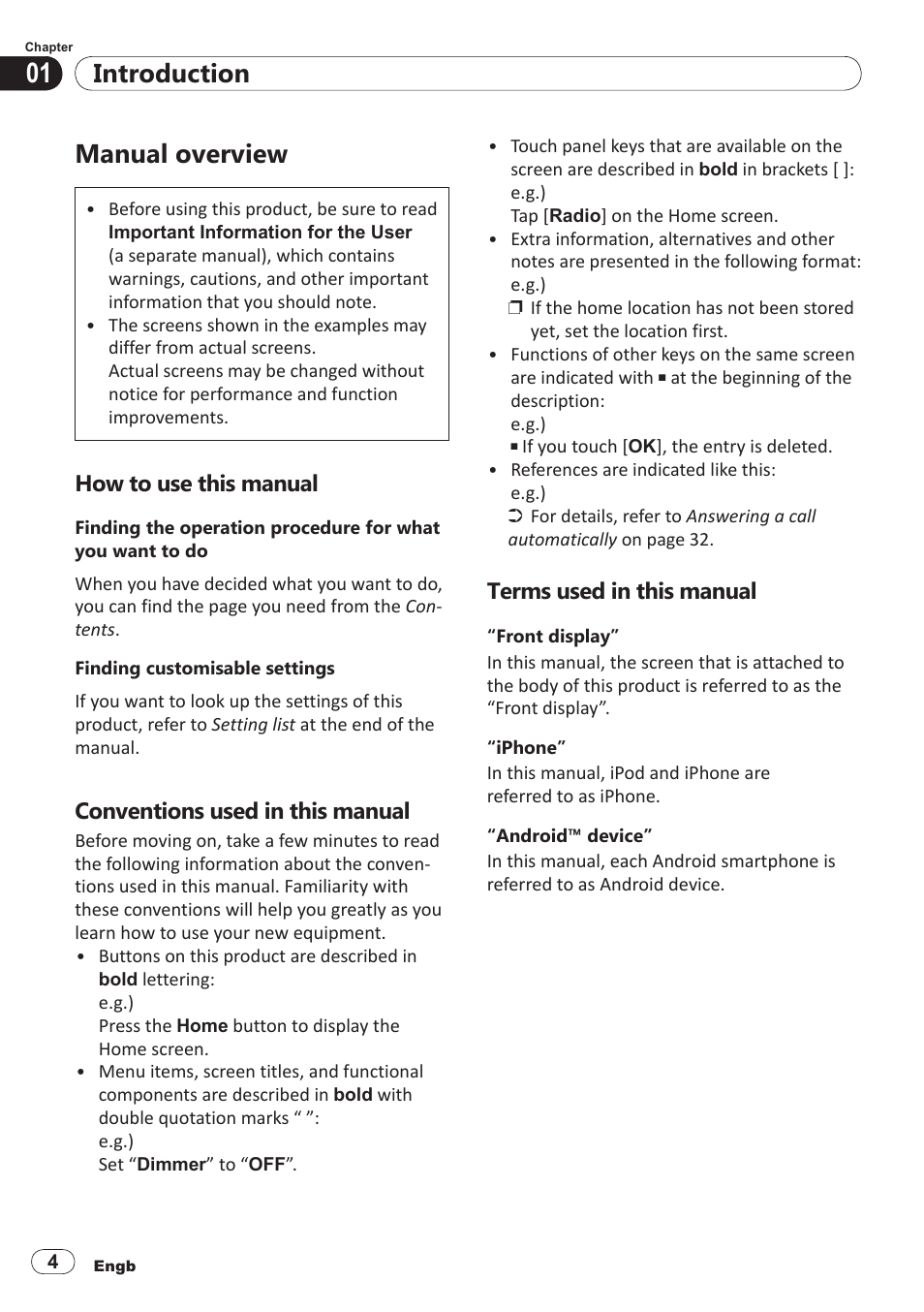 Manual overview, How to use this manual, Conventions used in this manual | Terms used in this manual, Introduction | Pioneer SPH-DA100 User Manual | Page 4 / 54