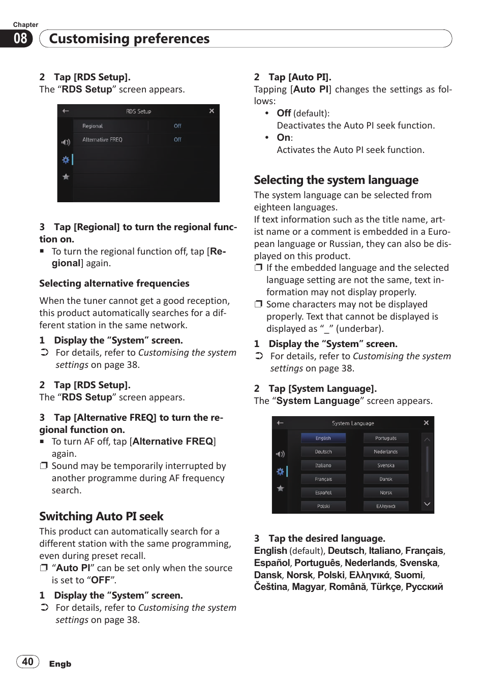 Switching auto pi seek, Selecting the system language, Customising preferences | Pioneer SPH-DA100 User Manual | Page 40 / 54