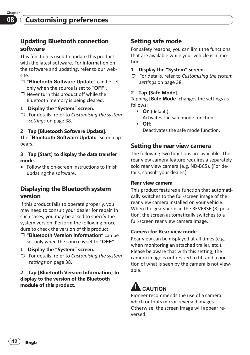 Updating bluetooth connection software, Displaying the bluetooth system version, Setting safe mode | Setting the rear view camera, Customising preferences | Pioneer SPH-DA100 User Manual | Page 42 / 54