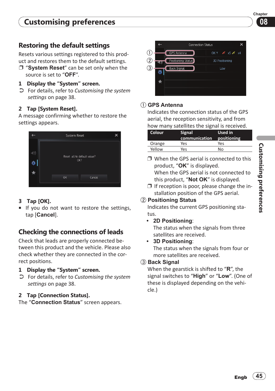 Restoring the default settings, Checking the connections of leads, Customising preferences | Pioneer SPH-DA100 User Manual | Page 45 / 54