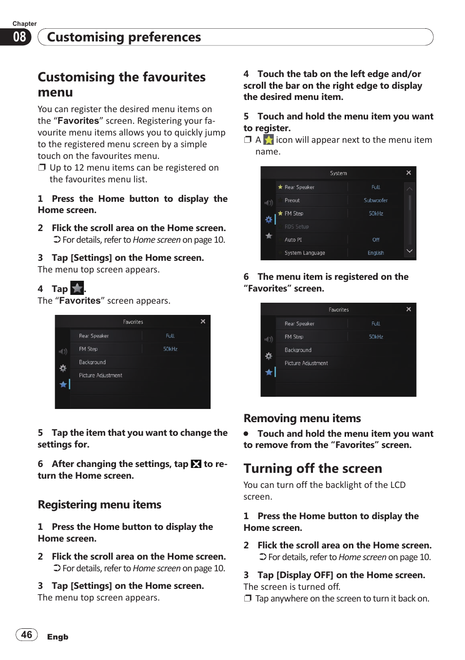 Customising the favourites menu, Registering menu items, Removing menu items | Turning off the screen, Customising preferences | Pioneer SPH-DA100 User Manual | Page 46 / 54