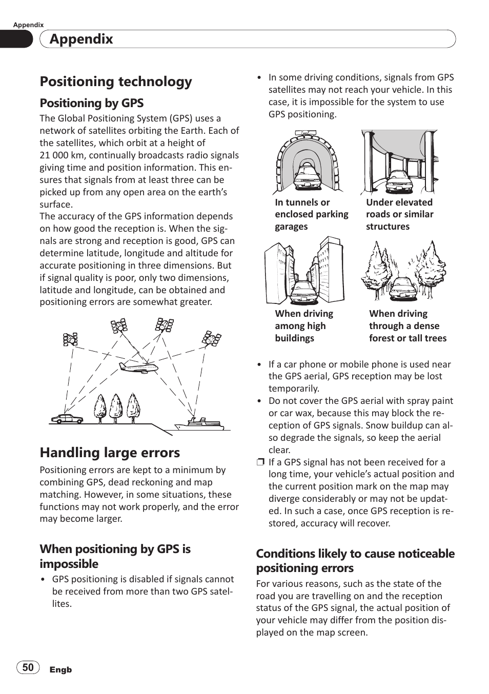 Positioning technology, Positioning by gps, Handling large errors | When positioning by gps is impossible, Appendix | Pioneer SPH-DA100 User Manual | Page 50 / 54