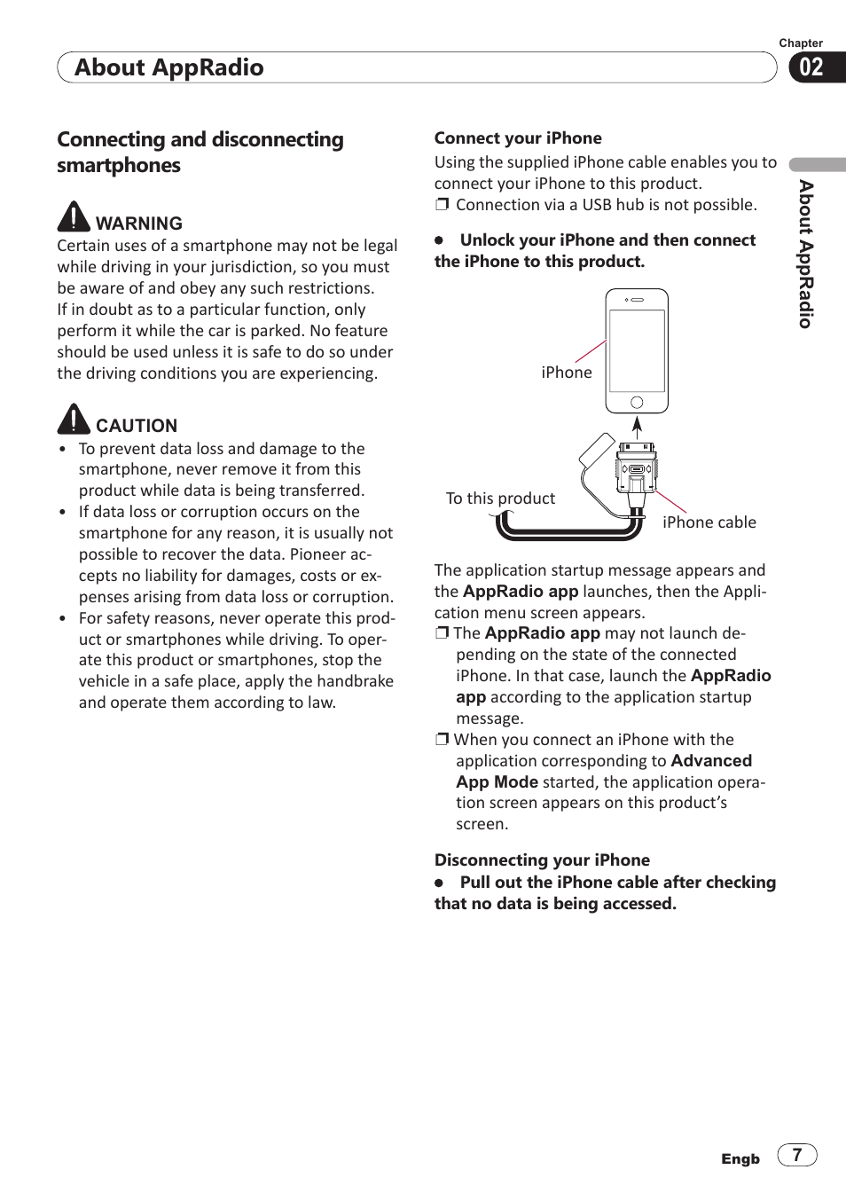 Connecting and disconnecting smartphones, About appradio | Pioneer SPH-DA100 User Manual | Page 7 / 54