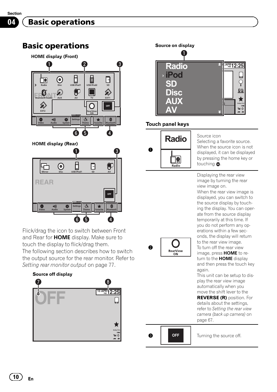 Basic operations basic operations, Radio ipod disc aux sd av, Radio | Basic operations, 04 basic operations, Front, Rear | Pioneer AVH-P8400BT User Manual | Page 10 / 120