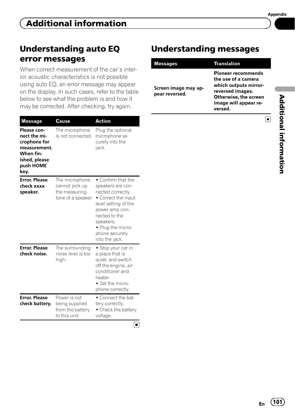 Understanding auto eq error, Messages, Understanding messages | Understanding auto eq error messages, Additional information | Pioneer AVH-P8400BT User Manual | Page 101 / 120