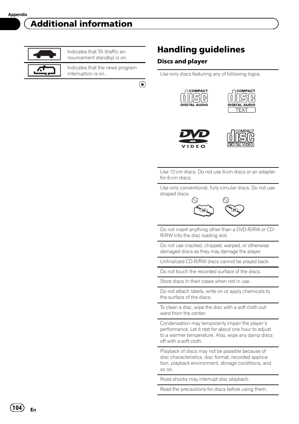 Handling guidelines 104, Handling guidelines, Additional information | Pioneer AVH-P8400BT User Manual | Page 104 / 120