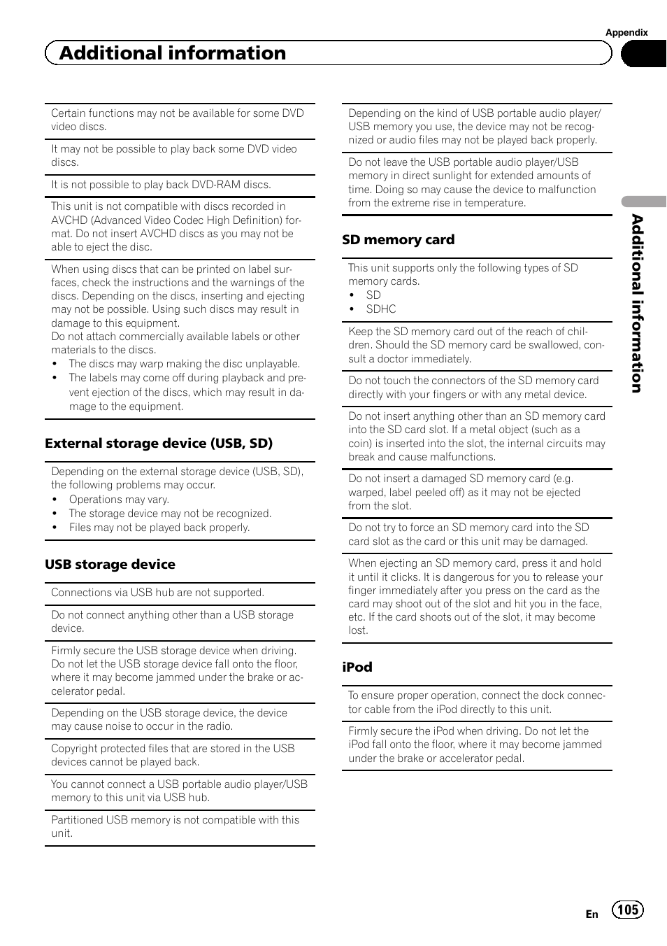 Additional information | Pioneer AVH-P8400BT User Manual | Page 105 / 120