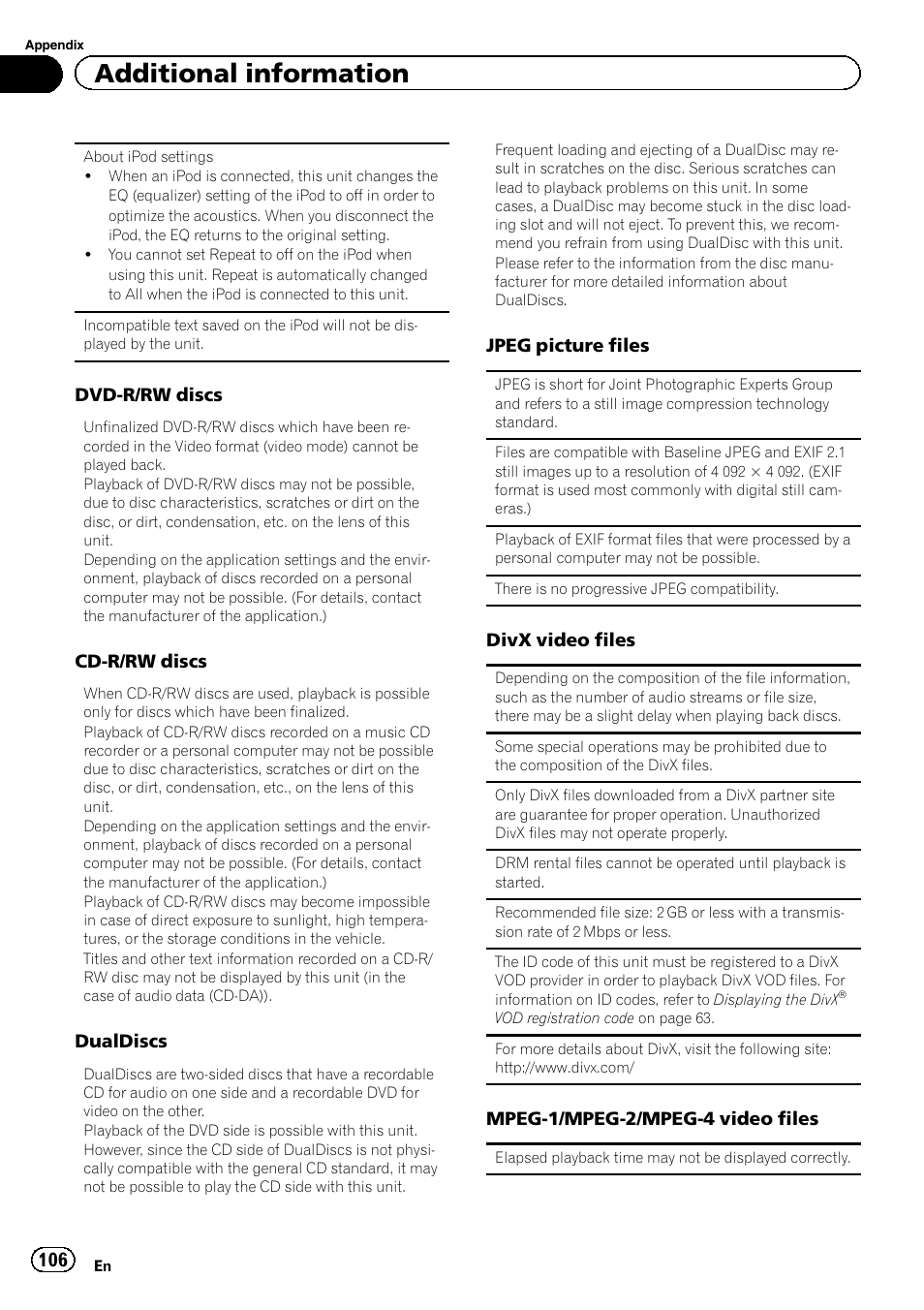 Additional information | Pioneer AVH-P8400BT User Manual | Page 106 / 120