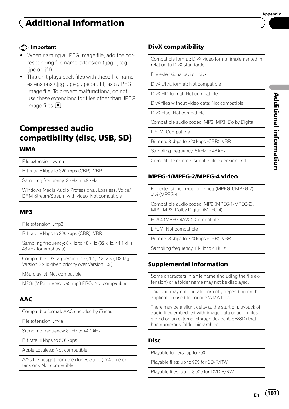 Compressed audio compatibility (disc, usb, Compressed audio compatibility (disc, usb, sd), Additional information | Pioneer AVH-P8400BT User Manual | Page 107 / 120
