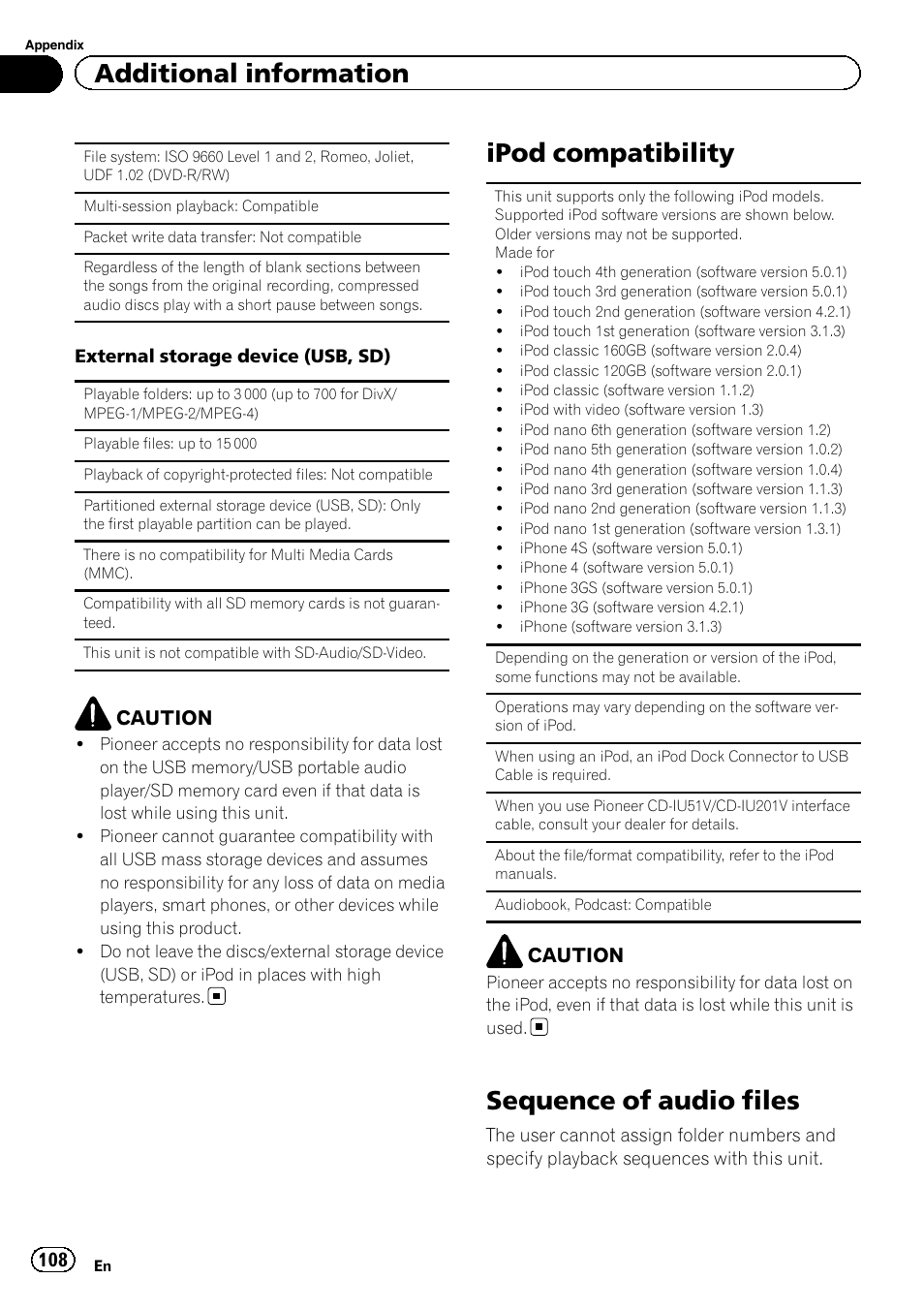 Ipod compatibility, Sequence of audio files, Additional information | Caution | Pioneer AVH-P8400BT User Manual | Page 108 / 120