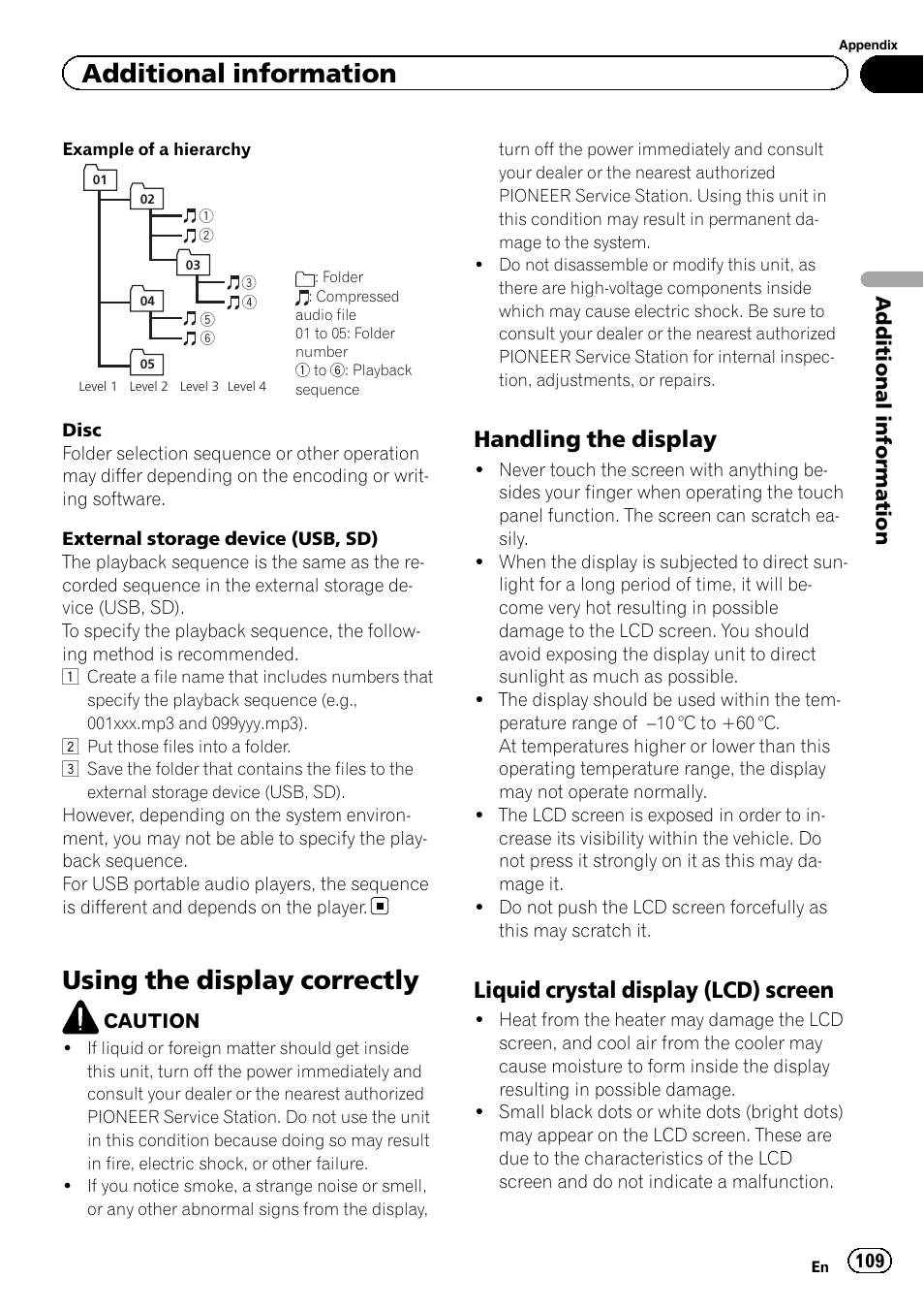 Using the display correctly, Additional information, Handling the display | Liquid crystal display (lcd) screen | Pioneer AVH-P8400BT User Manual | Page 109 / 120
