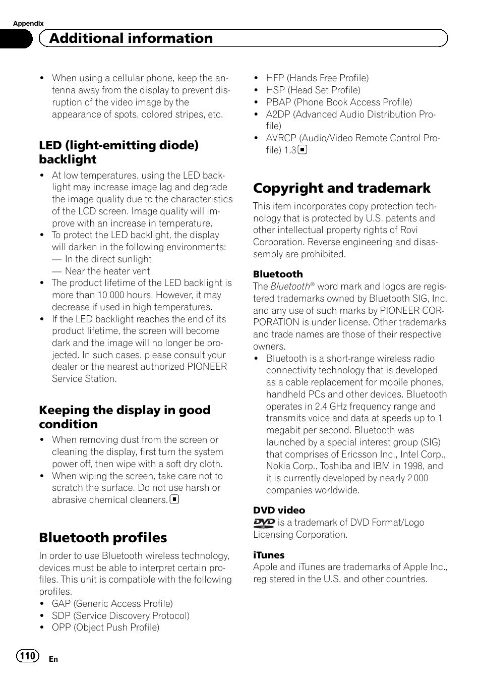 Bluetooth profiles, Copyright and trademark, Additional information | Led (light-emitting diode) backlight, Keeping the display in good condition | Pioneer AVH-P8400BT User Manual | Page 110 / 120