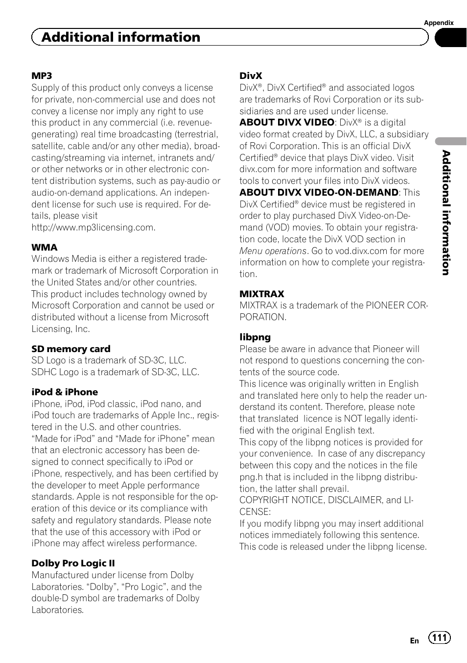 Additional information | Pioneer AVH-P8400BT User Manual | Page 111 / 120