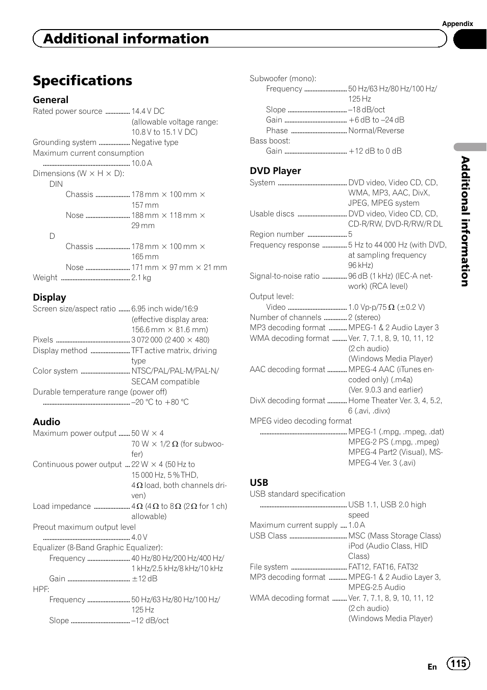 Specifications, Additional information | Pioneer AVH-P8400BT User Manual | Page 115 / 120