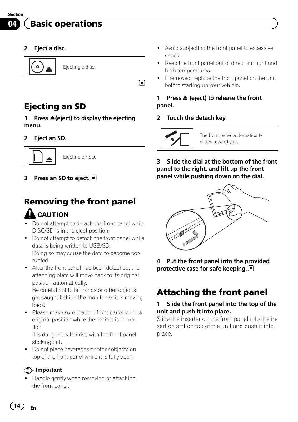 Ejecting an sd, Removing the front panel, Attaching the front panel | 04 basic operations | Pioneer AVH-P8400BT User Manual | Page 14 / 120