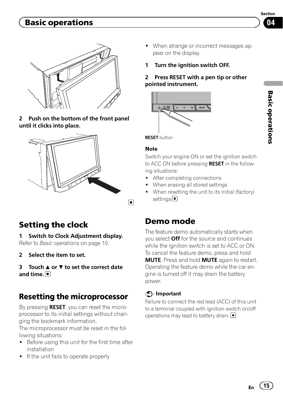 Setting the clock, Resetting the microprocessor, Demo mode | Basic operations | Pioneer AVH-P8400BT User Manual | Page 15 / 120