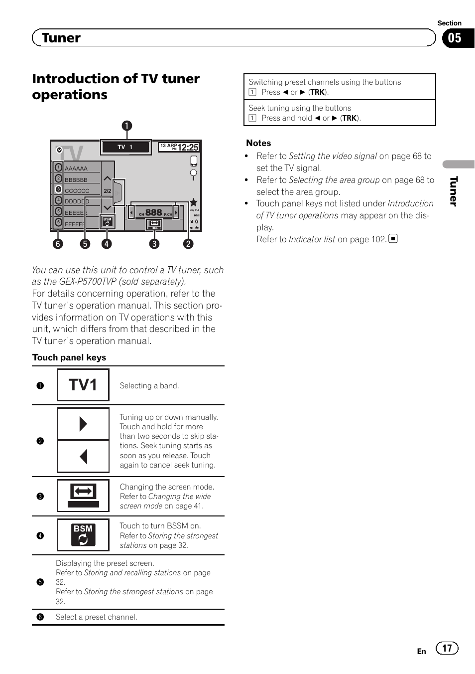 Introduction of tv tuner operations, Tuner | Pioneer AVH-P8400BT User Manual | Page 17 / 120