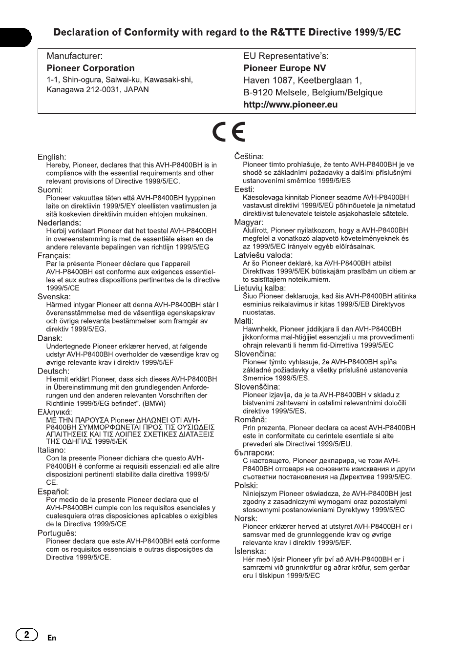 Pioneer AVH-P8400BT User Manual | Page 2 / 120