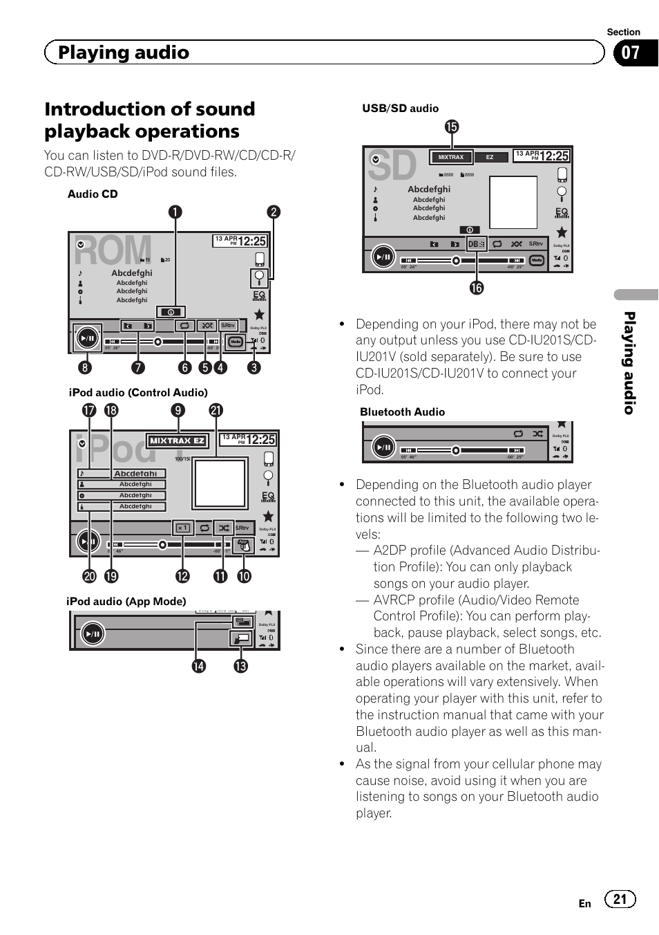 Playing audio introduction of sound playback, Operations, Ipod 1 | Introduction of sound playback operations, Playing audio | Pioneer AVH-P8400BT User Manual | Page 21 / 120