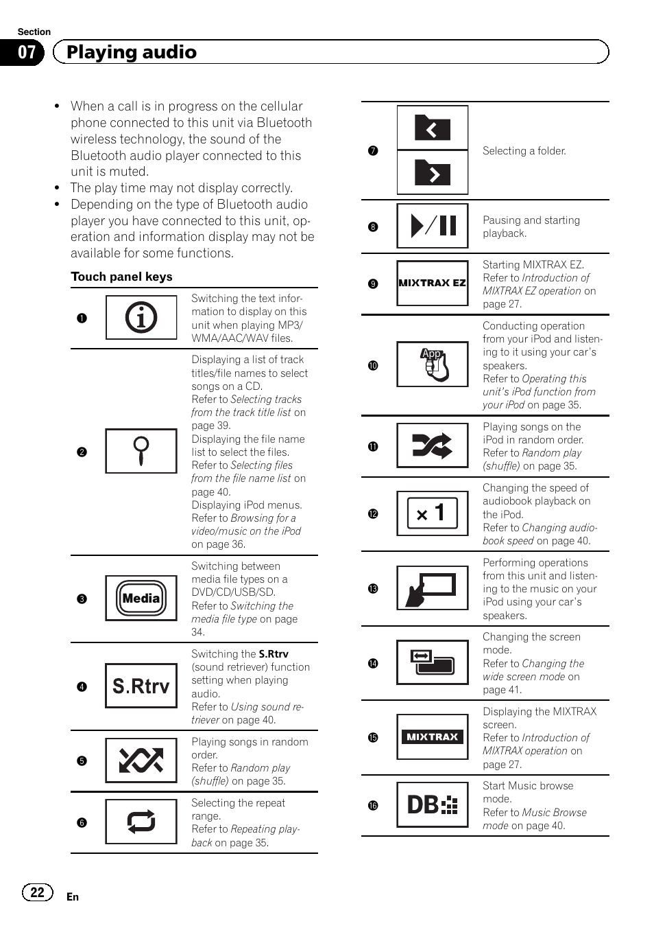 07 playing audio | Pioneer AVH-P8400BT User Manual | Page 22 / 120