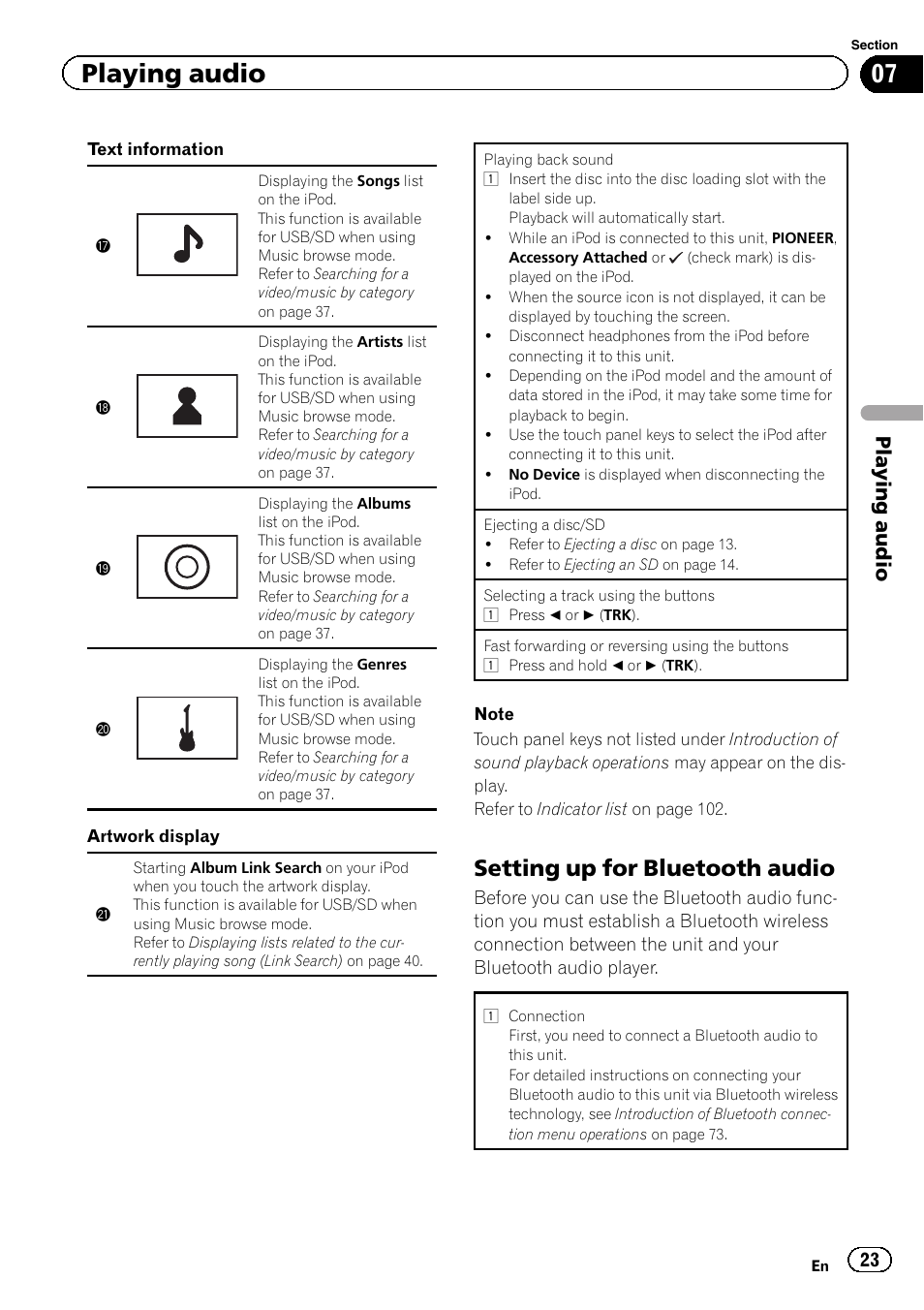 Setting up for bluetooth audio, Playing audio | Pioneer AVH-P8400BT User Manual | Page 23 / 120