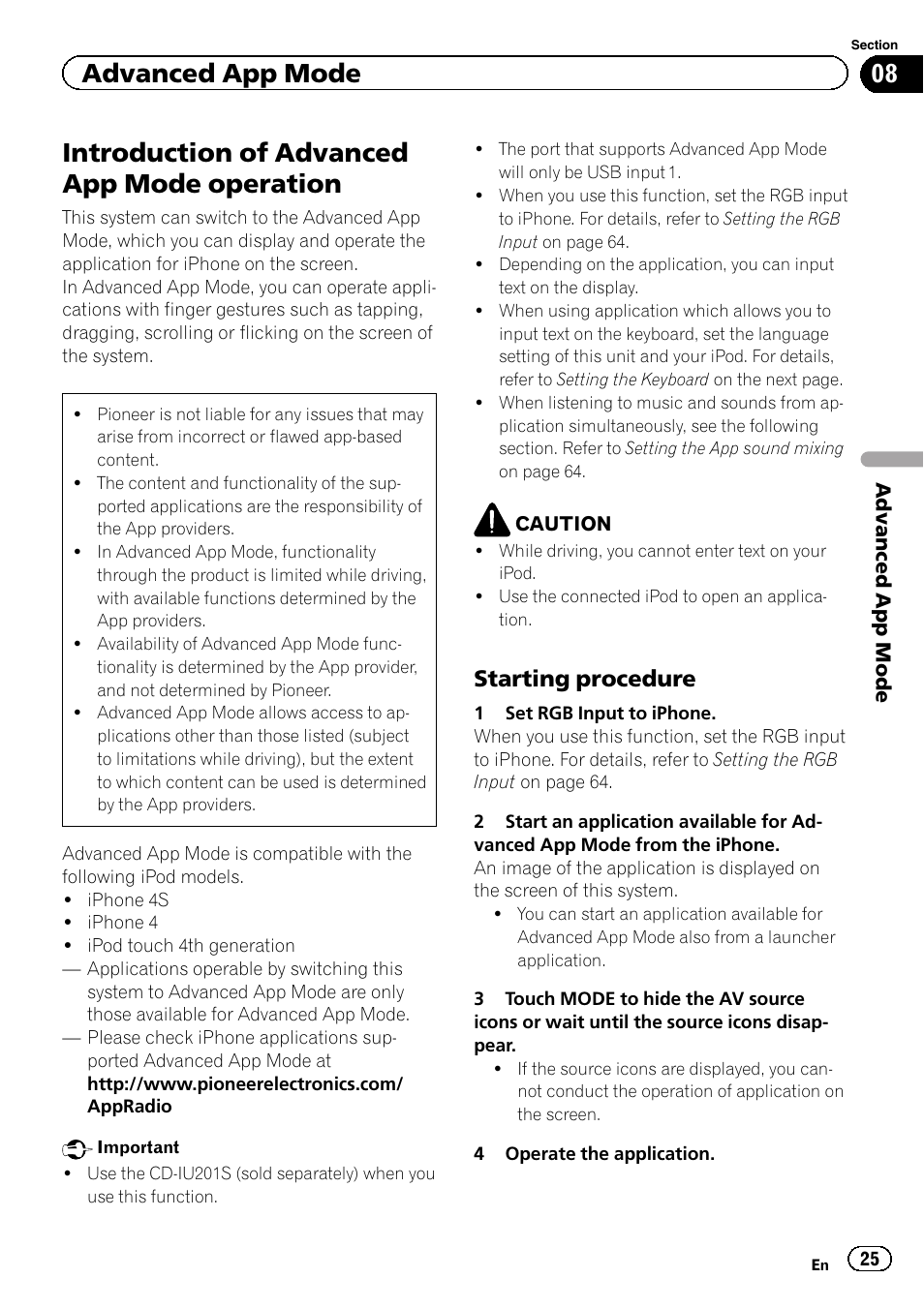 Operation, Introduction of advanced app mode operation, Advanced app mode | Starting procedure | Pioneer AVH-P8400BT User Manual | Page 25 / 120
