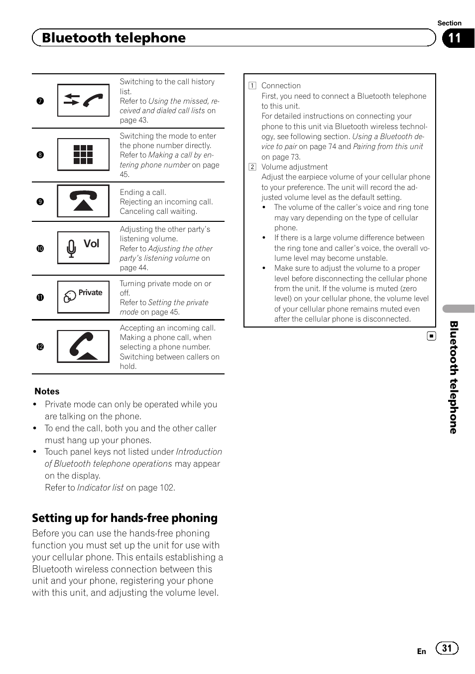 Setting up for hands-free phoning, Bluetooth telephone | Pioneer AVH-P8400BT User Manual | Page 31 / 120