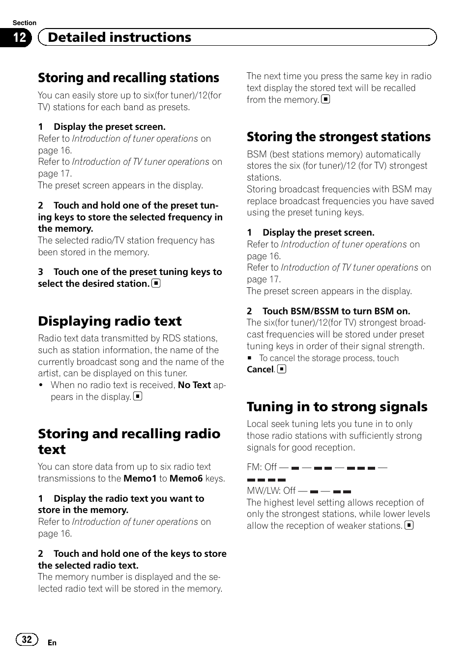 Displaying radio text, Storing and recalling radio text, Storing the strongest stations | Tuning in to strong signals, Storing and recalling stations, 12 detailed instructions | Pioneer AVH-P8400BT User Manual | Page 32 / 120