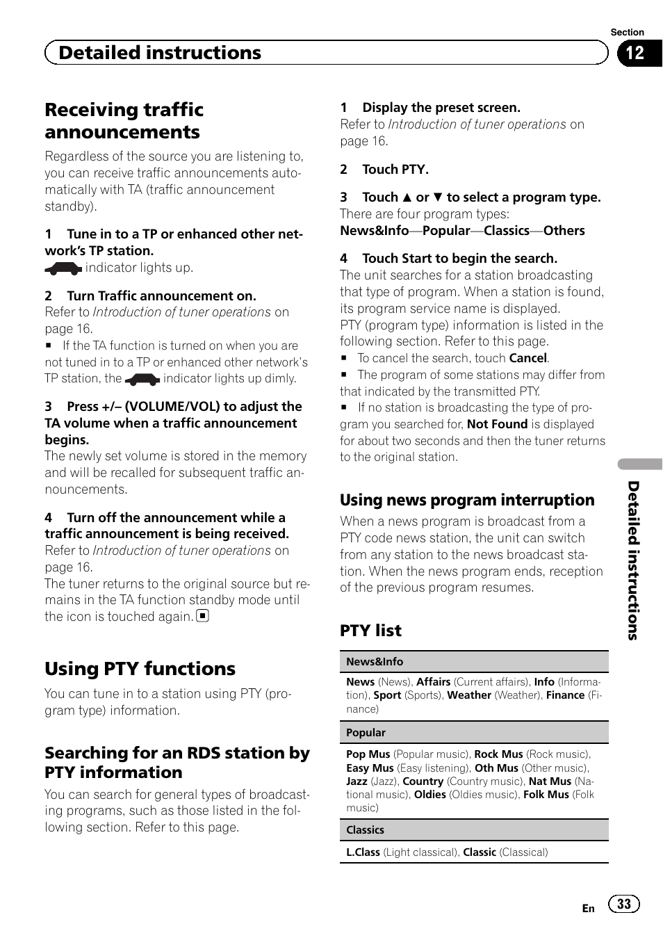 Receiving traffic announcements, Using pty functions, Detailed instructions | Searching for an rds station by pty information, Using news program interruption, Pty list | Pioneer AVH-P8400BT User Manual | Page 33 / 120