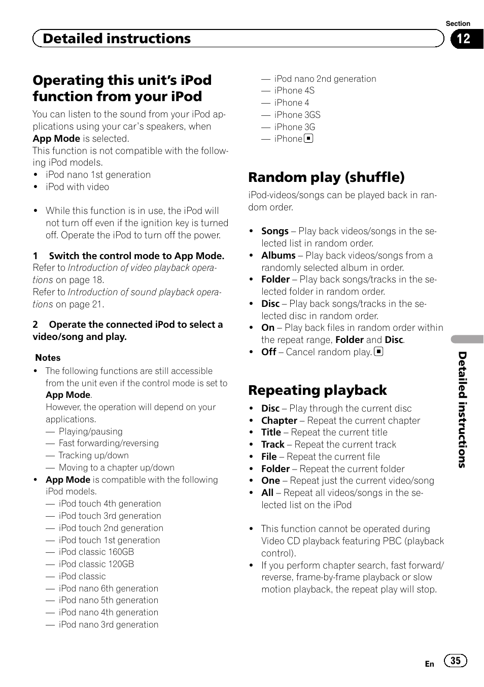 Operating this unit, S ipod function from your, Ipod | Random play (shuffle), Repeating playback, S ipod function from, Detailed instructions | Pioneer AVH-P8400BT User Manual | Page 35 / 120