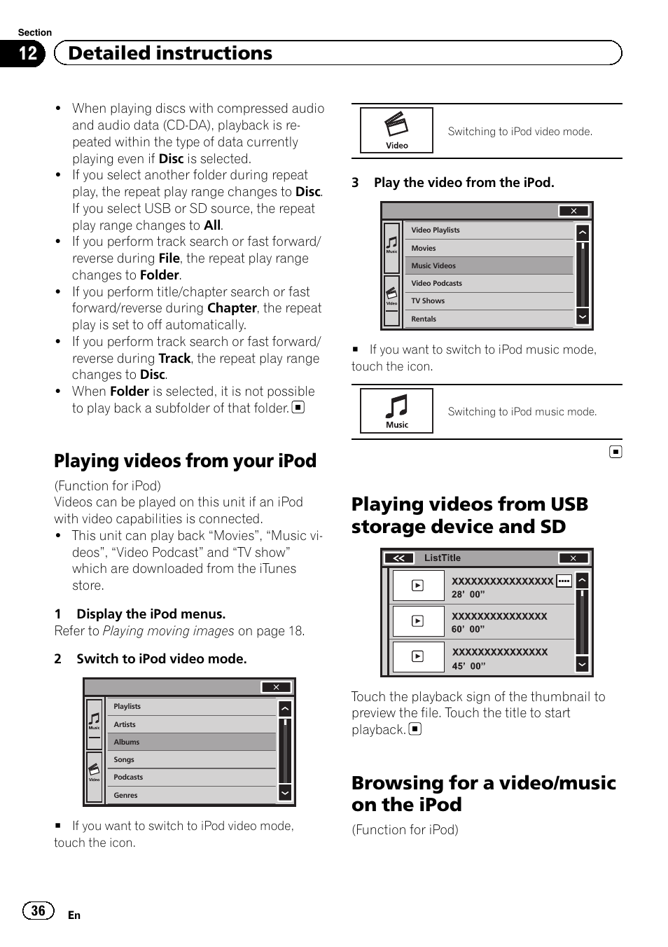 Playing videos from your ipod, Playing videos from usb storage device and, Browsing for a video/music on the ipod | Playing videos from usb storage device and sd, 12 detailed instructions | Pioneer AVH-P8400BT User Manual | Page 36 / 120