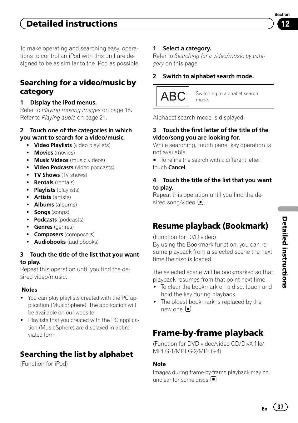 Resume playback (bookmark), Frame-by-frame playback, Detailed instructions | Searching for a video/music by category, Searching the list by alphabet | Pioneer AVH-P8400BT User Manual | Page 37 / 120