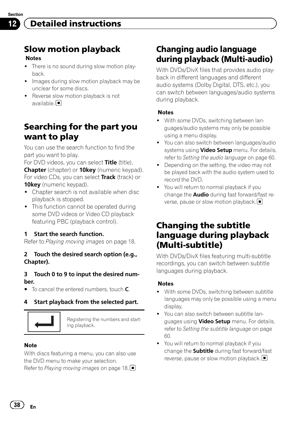 Slow motion playback, Searching for the part you want to play, Changing audio language during playback | Multi-audio), Changing the subtitle language during, Playback (multi-subtitle), 12 detailed instructions | Pioneer AVH-P8400BT User Manual | Page 38 / 120