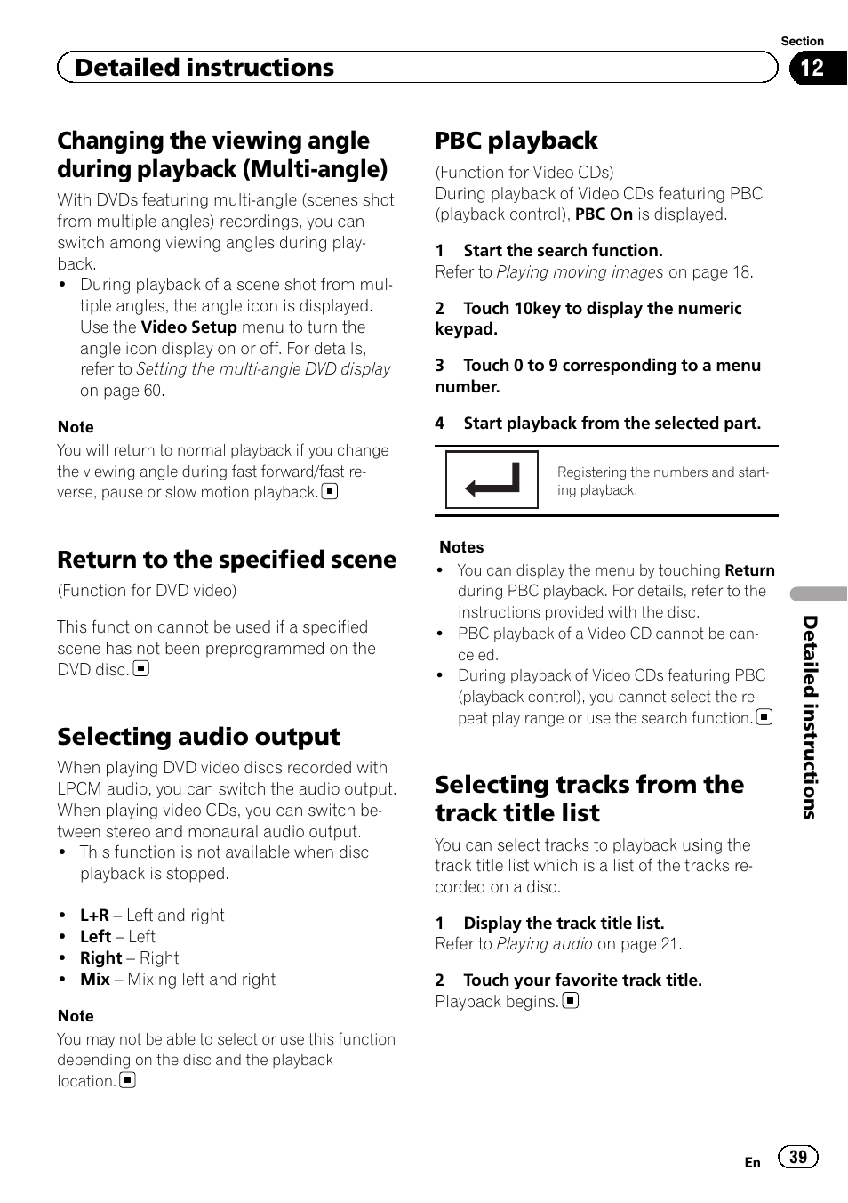 Changing the viewing angle during playback, Multi-angle), Return to the specified scene | Selecting audio output, Pbc playback, Selecting tracks from the track title list, Detailed instructions | Pioneer AVH-P8400BT User Manual | Page 39 / 120