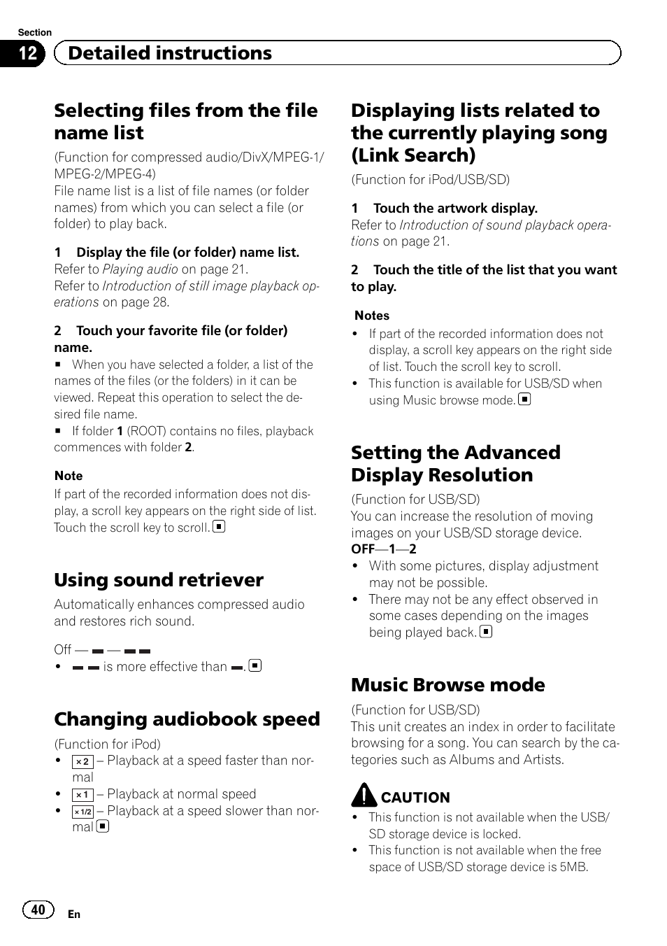 Selecting files from the file name list, Using sound retriever, Changing audiobook speed | Displaying lists related to the currently, Playing song (link search), Setting the advanced display resolution, Music browse mode, 12 detailed instructions | Pioneer AVH-P8400BT User Manual | Page 40 / 120